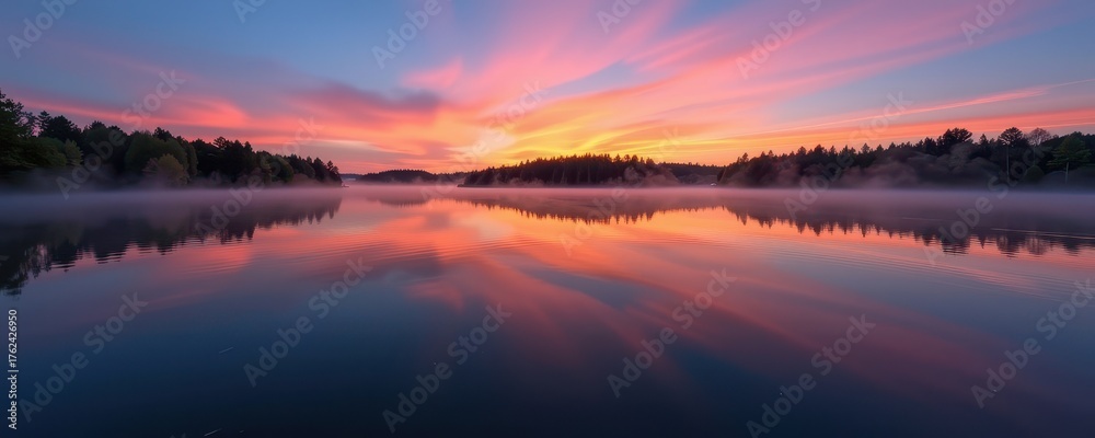 Obraz premium Calm blue lake at dawn, mist rising gently, serene dawn light, morning, serene