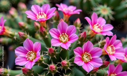 A vibrant cactus blooms with delicate pink flowers amidst thorny green stems, a desert beauty, prickly plant, nature photography