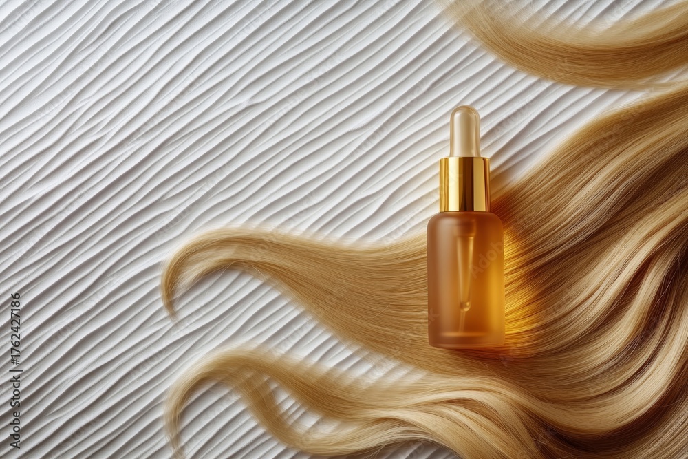 Fototapeta premium Golden serum bottle on blonde wavy hair with textured background