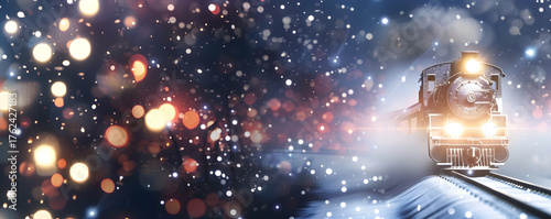 Magical Christmas train journey at night through the snow. Vintage steam locomotive with festive bokeh lights on a winter holiday background
