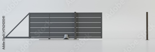 Modern automatic sliding metal gate on a white background – 3D illustration