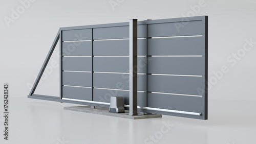 Modern automatic sliding metal gate on a white background – 3D illustration