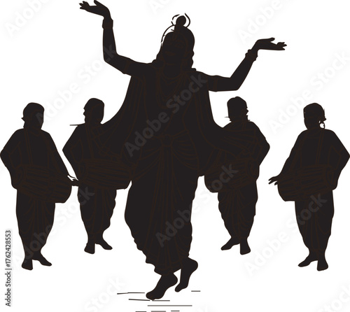 Silhouette of a central figure dancing MAHAPROBHU with arms raised surrounded by a group of people in a circle