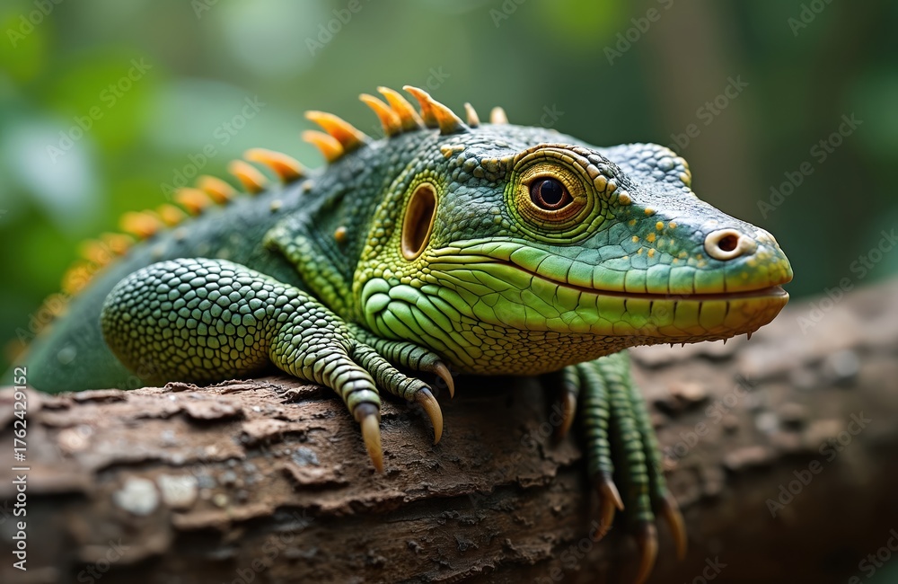 Fototapeta premium Large green lizard with orange spikes rests on thick brown tree branch. Textured scales, strong claws, golden eye visible in close-up. Tropical reptile lives in natural jungle environment.