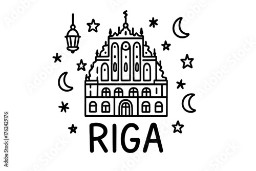 Riga Landmarks Doodle. Doodle riga house of blackheads with stars, lanterns, and moons, center word “Riga” in black and white