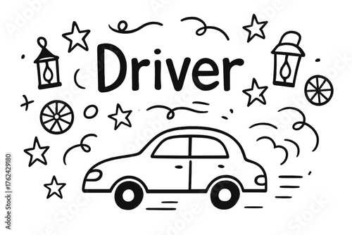 Starlit Drive. Hand-drawn car ride with stars, wheels, and lanterns, center word “Driver” in black and white isolated transparent