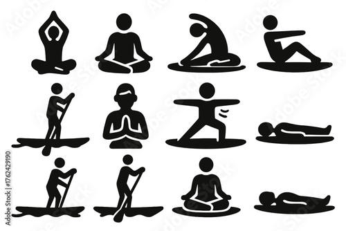 Leisure and Fitness Icons. Solid style icons of Leisure and fitness on board: yoga pose, meditation sit, stretching arms, core