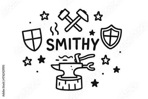 Smithy Doodle Art. Doodle armor smithy with stars, hammers, and shields, center word “Smithy” in black and white isolated
