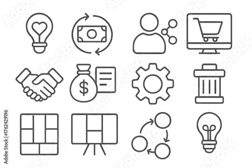 Business Model Icons. Line style round icons of business model design: value proposition, revenue stream, customer segment,