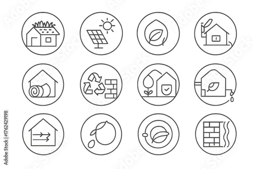 Sustainable Architecture Icons. Line style round icons of sustainable architecture: green roof, solar panel, passive design, eco
