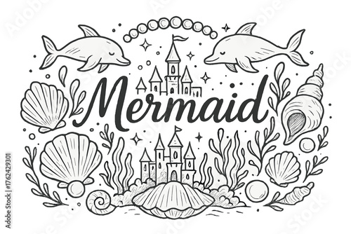 Mermaid Kingdom Illustration. Hand-drawn mermaid kingdom with shells, pearls, and dolphins, center word “Mermaid” in black and