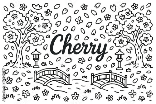 Cherry Garden Doodle. Doodle cherry garden with petals, bridges, and lanterns, center word “Cherry” in black and white isolated