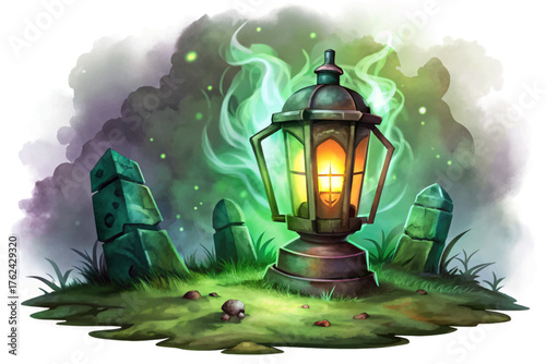 Rusty lantern glowing faint green vector in foggy graveyard, evoking ghostly guidance and haunted energy