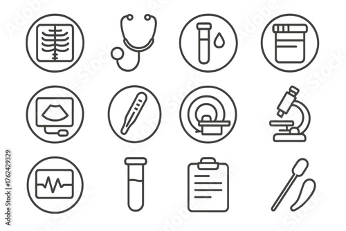Medical Diagnostics Icons. Line style round icons of diagnostics: x-ray, stethoscope, blood sample, urine test; ultrasound,