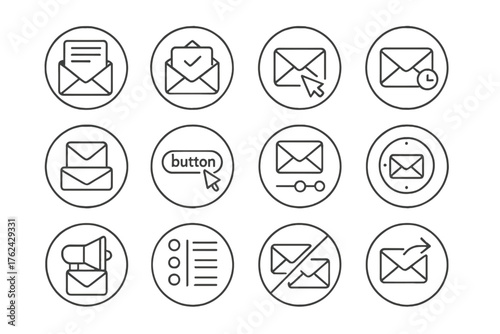 Email Marketing Icons. Line style round icons of email marketing: newsletter, open rate, click-through icon, inbox mail; subject