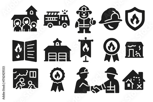 Fire Safety Icons. Solid style icons of Community and fire education: school visit, fire truck tour, mascot suit, kids helmet,