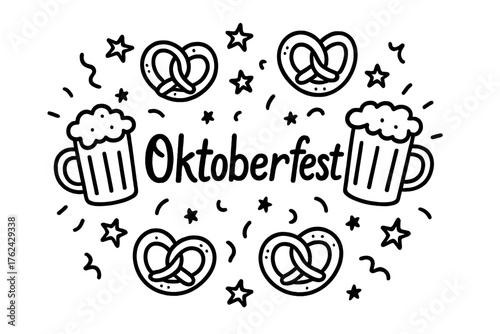 Oktoberfest Doodle Celebration. Doodle germany oktoberfest with stars, beer mugs, and pretzels, center word “Oktoberfest” in black