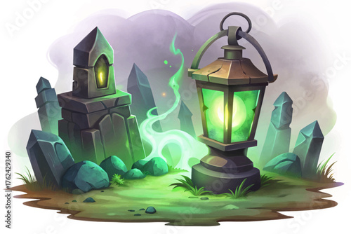 Rusty lantern glowing faint green vector in foggy graveyard, evoking ghostly guidance and haunted energy