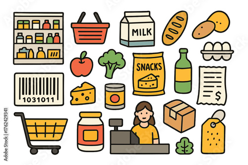 Supermarket Doodle Icons. Supermarket doodle icon set: hand drawn icons of shelves, basket, bag, milk, bread, eggs, fruit,