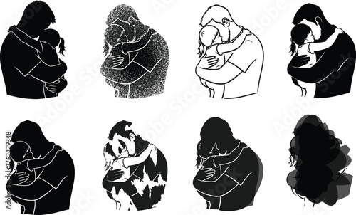 WebFather hugging child silhouettes, emotional family bond, love unity, parent child relationship, artistic textured styles, care support illustration