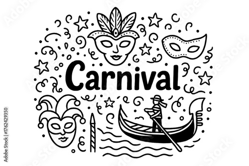 Venice Carnival Doodle. Doodle italy venice carnival with masks, gondolas, and stars, center word “Carnival” in black and white