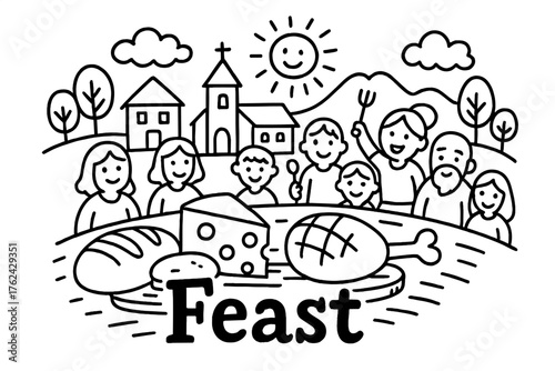 Doodle Village Feast. Doodle village feast with bread, cheese, and meat, center word “Feast” in black and white isolated