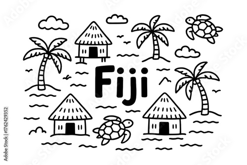 Fiji Doodle Art. Doodle fiji islands with huts, palms, and turtles, center word “Fiji” in black and white isolated transparent