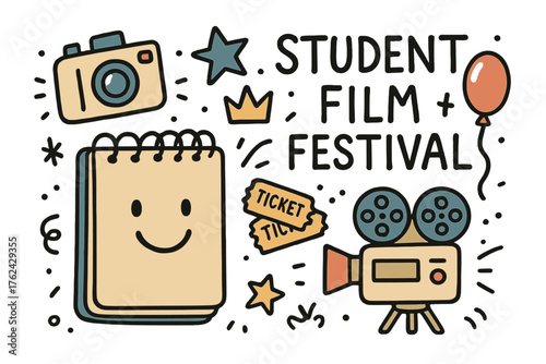 Student Film Festival Doodle. Student film festival illustration doodle style: hand drawn notebook with smile, camera, crown, star