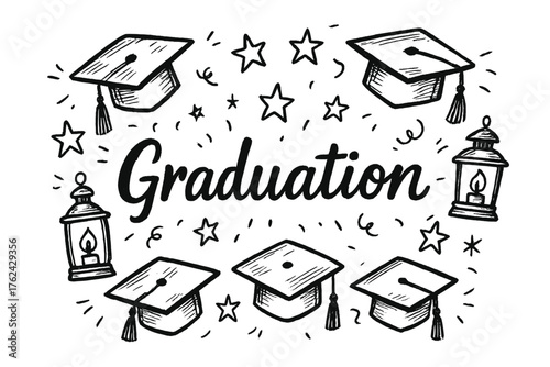 Graduation Celebration Art. Hand-drawn graduation with caps, stars, and lanterns, center word “Graduation” in black and white