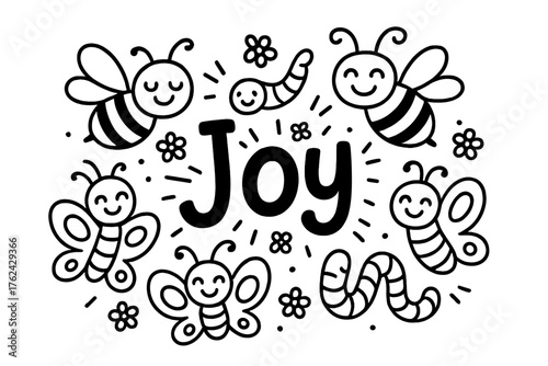 Joyful Insect Doodles. Doodle insect joy with smiling bees, worms, and butterflies, center word “Joy” in black and white isolated