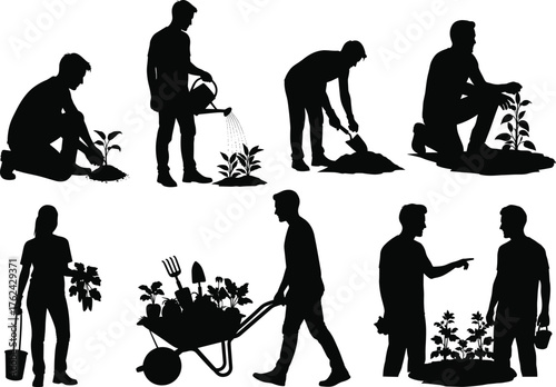 WebGardening silhouettes, people planting watering digging, teamwork in garden, eco lifestyle, outdoor activity, sustainability, plant care, horticulture work illustration