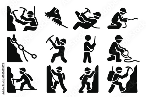 Ice Climbing Techniques. Solid style icons of Ice climbing techniques: axe placement, front-pointing, rope tension, self-arrest,