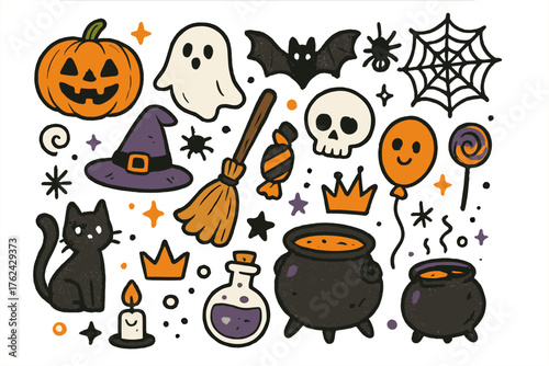 Cute Halloween Doodle Icons. Halloween doodle icon set: hand drawn icons of pumpkin, ghost, bat, spider, web, witch hat, broom,