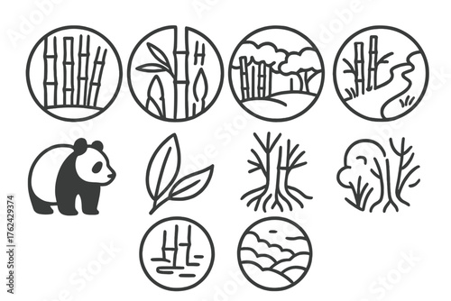 Bamboo Forest Icons. Line style round icons of bamboo forest: bamboo stalks, leaves, shoots, canopy; forest path, panda silhouette