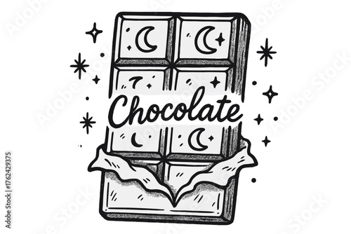 Chocolate Bar Art. Hand-drawn chocolate bar with moons, sparkles, and wrappers, center word “Chocolate” in black and white