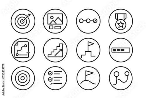 Goal Setting Icons. Line style round icons of goal setting systems: SMART goal, vision board, milestone tracker, achievement tag;