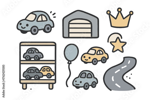 Toy Cars Doodle Icons. Toy cars collecting doodle icon set: hand drawn icons of toy car with smile, garage, crown, star, balloon,