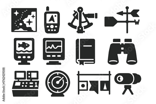 Sailing Navigation Icons. Solid style icons of Sailing navigation tools: sea chart, GPS device, sextant, wind vane, depth sounder,
