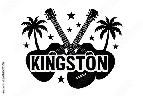 Kingston Vibe Elements. stars, guitars, and palm trees, center word “Kingston” in black and white isolated transparent background