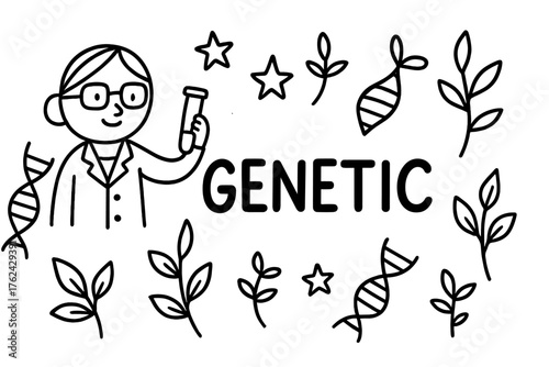 Genetic Design Doodles. Doodle genetic engineer with stars, dna strands, and plants, center word “Genetic” in black and white