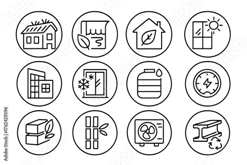 Eco-Friendly Building Icons. Line style round icons of green building design: green roof, eco insulation, passive house, natural