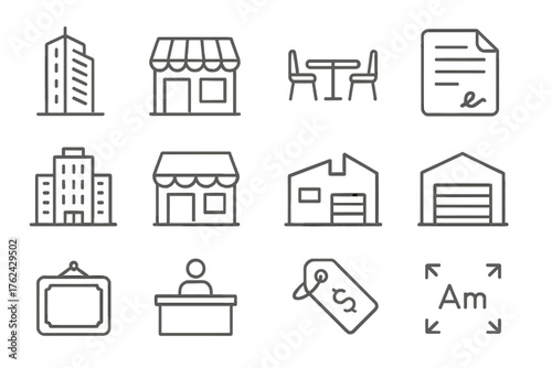 Commercial Property Icons. Line style round icons of commercial properties: office tower, retail space, coworking hub, commercial