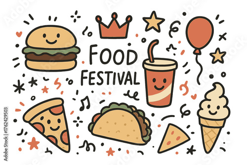 Food Festival Doodle Icons. Food festival doodle icon set: hand drawn icons of burger with smile, drink, crown, star, balloon,