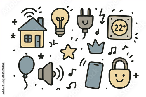 Smart Home Icons. Smart home doodle icon set: hand drawn icons of house, light bulb, plug, thermostat, crown, star, balloon,
