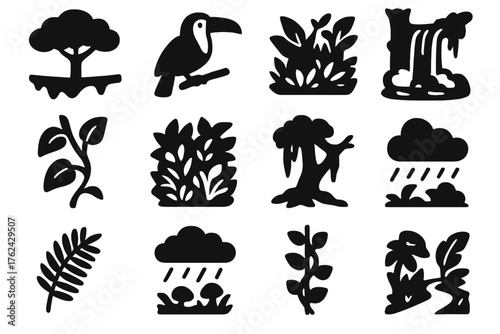 Rainforest Icons Collection. Solid style icons of Rainforest environment: canopy, toucan, waterfall, vine, dense foliage, mossy