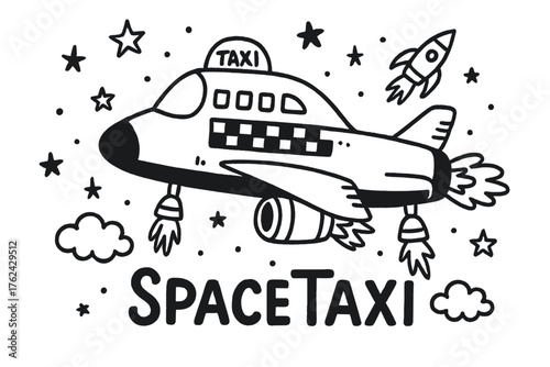 SpaceTaxi Doodle Design. Doodle space shuttle taxi with rockets, stars, and clouds, center word “SpaceTaxi” in black and white