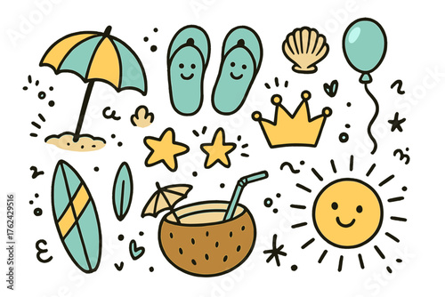 Beach Doodle Icons. Beach holiday doodle icon set: hand drawn icons of umbrella, flip flops with smile, shell, crown, star,