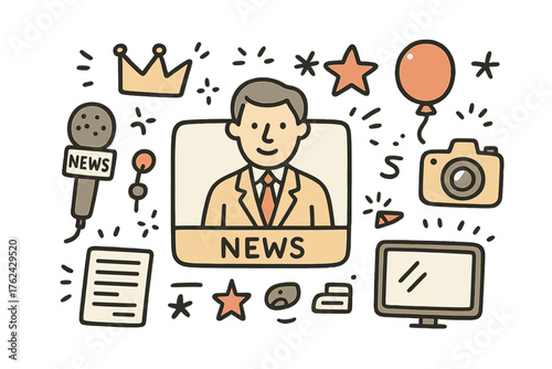 News Doodle Icons. News broadcast doodle icon set: hand drawn icons of TV anchor, mic, crown, star, balloon, camera, screen, and