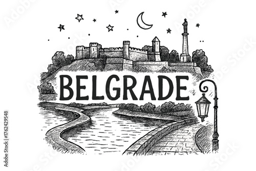 Belgrade Fortress Art. Hand-drawn belgrade fortress with rivers, stars, and lanterns, center word “Belgrade” in black and white