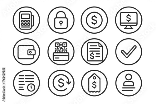 Payment System Icons. Line style round icons of payment systems: card reader, secure padlock, currency icon, payment gateway;